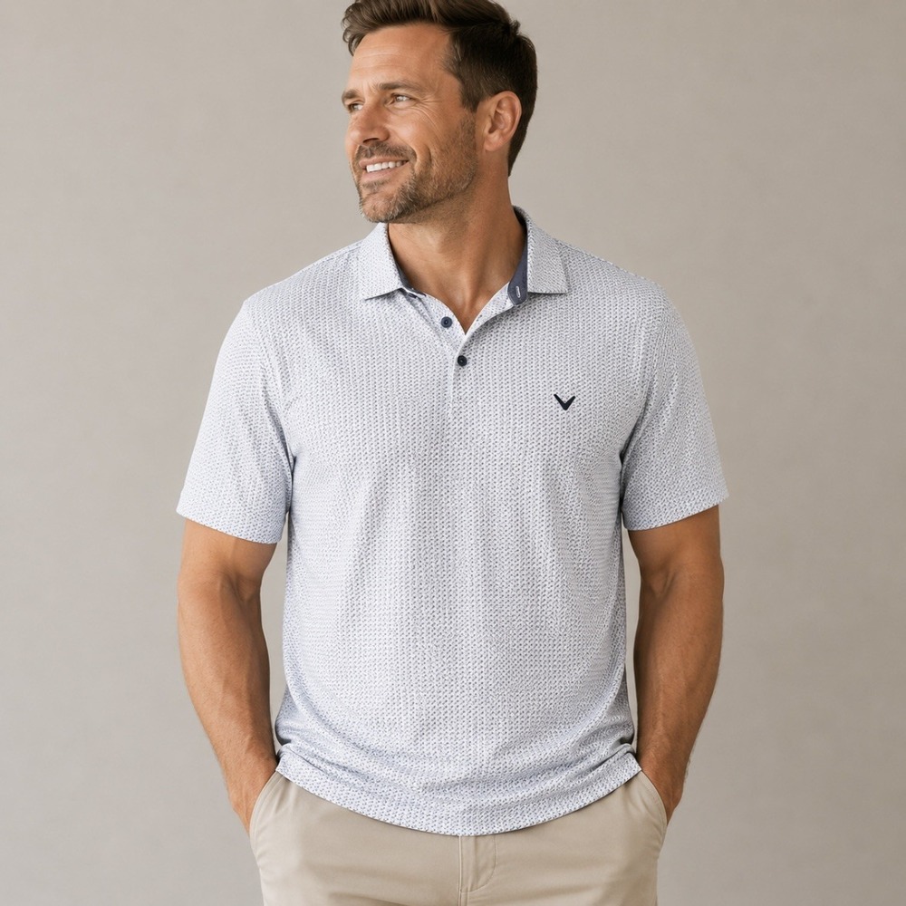 Callaway Golf Polo Shirt Mens XXL Blue White Geometric Print Opti Dri Stretch